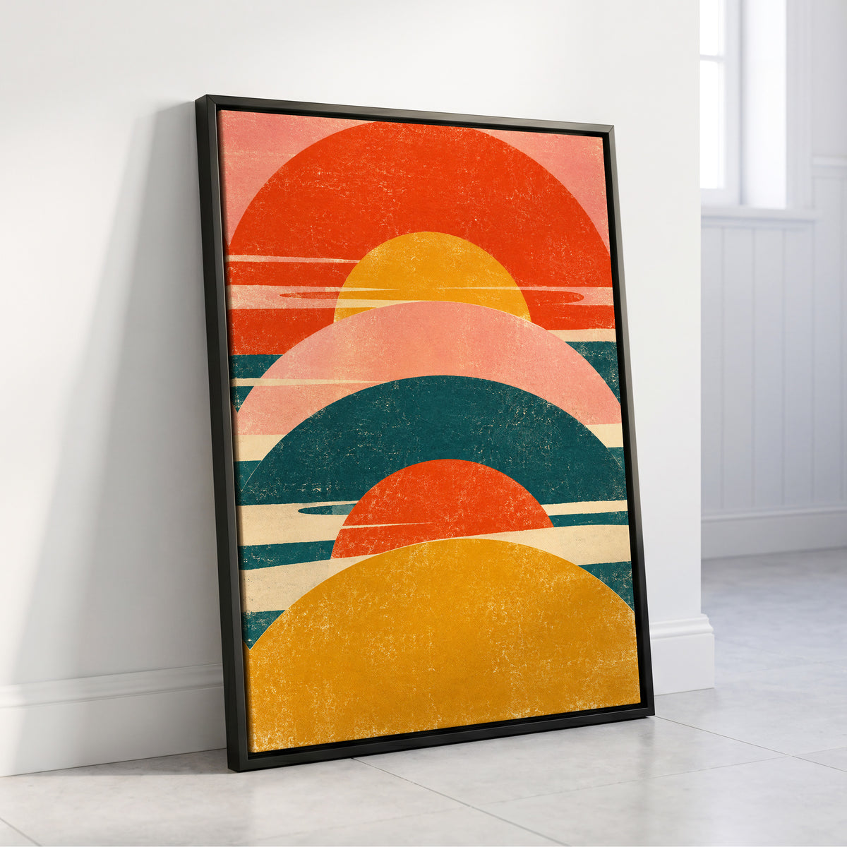 Amber Arc Rhythm, orange, yellow, pink abstract wall art displayed in a styled interior, gallery view 8
