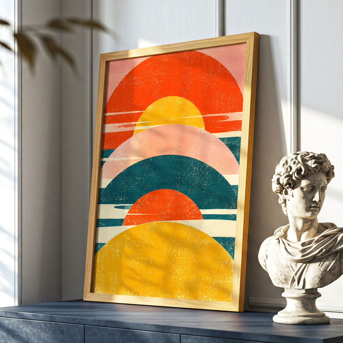 Amber Arc Rhythm, orange, yellow, pink abstract wall art displayed in a styled interior, gallery view 9