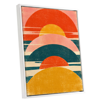 Amber Arc Rhythm, orange, yellow, pink abstract wall art shown as a white framed canvas wall art