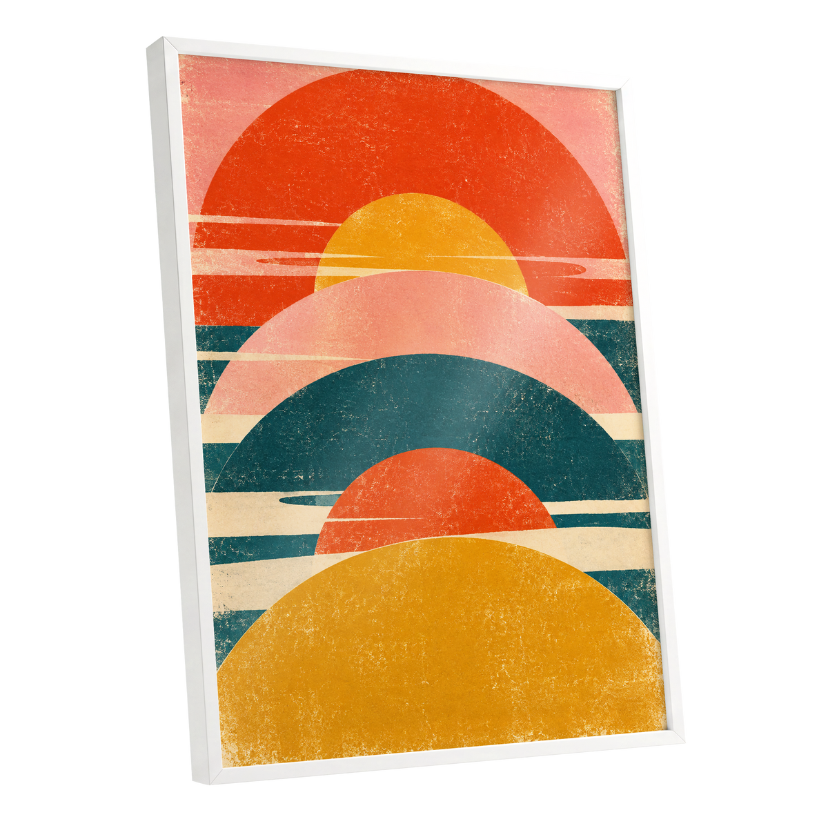 Amber Arc Rhythm, orange, yellow, pink abstract wall art shown as a white framed poster wall art print