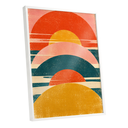 Amber Arc Rhythm, orange, yellow, pink abstract wall art shown as a white framed poster wall art print