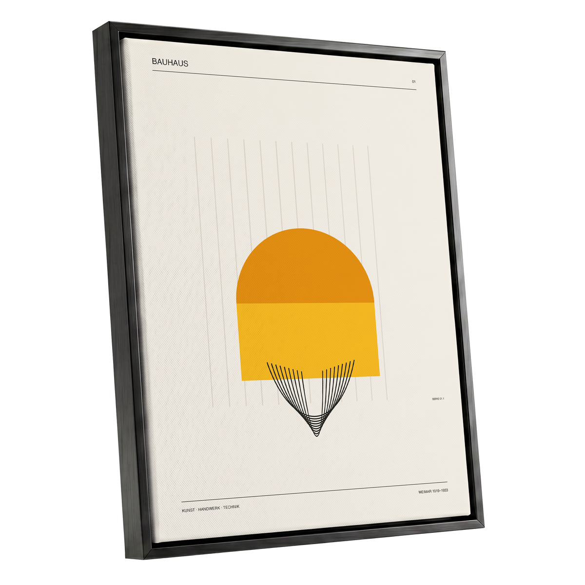 Amber Bauhaus Arc, beige, orange, yellow minimalist wall art shown as a black framed canvas wall art