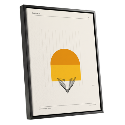 Amber Bauhaus Arc, beige, orange, yellow minimalist wall art shown as a black framed canvas wall art