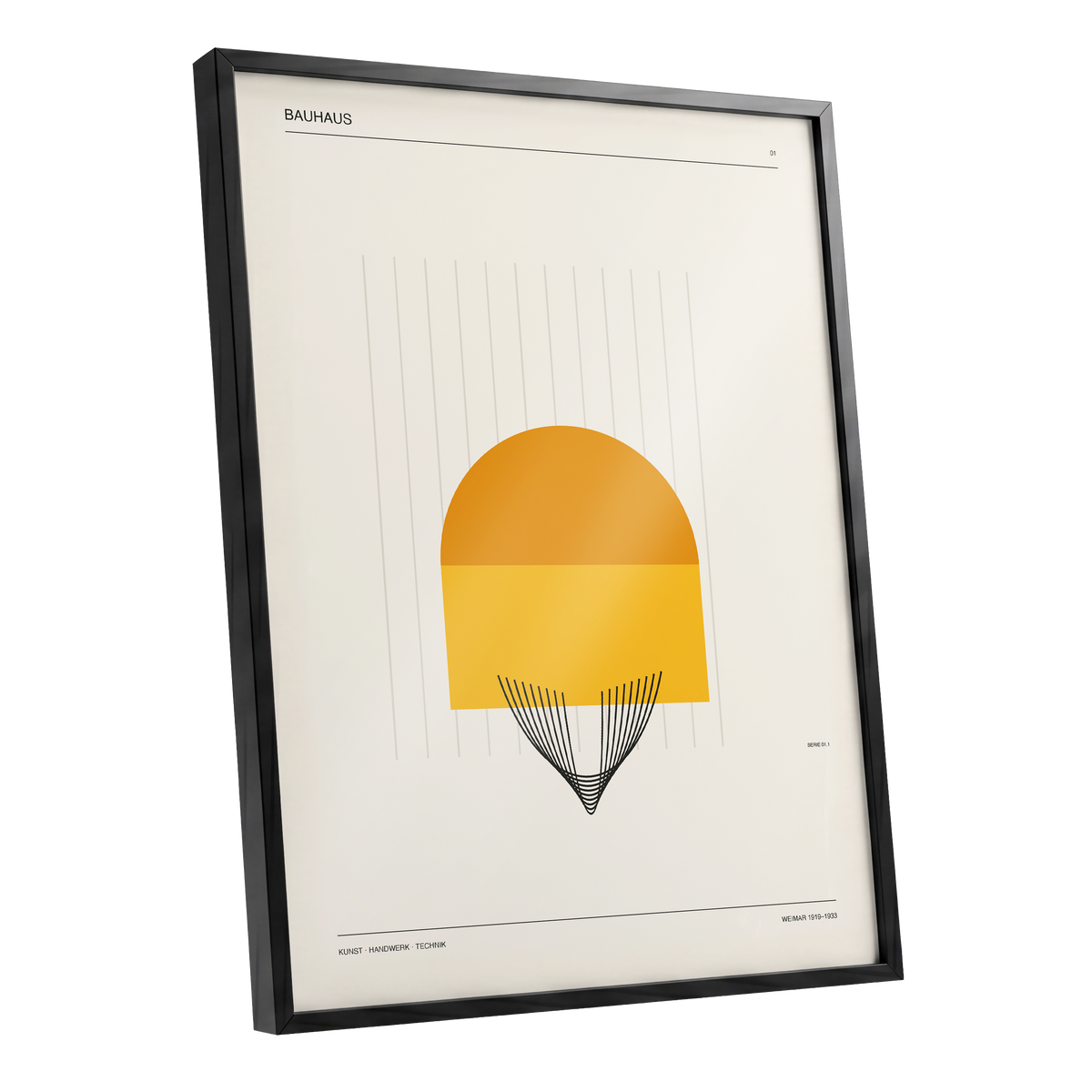 Amber Bauhaus Arc, beige, orange, yellow minimalist wall art shown as a black framed poster wall art print