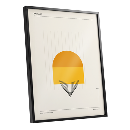 Amber Bauhaus Arc, beige, orange, yellow minimalist wall art shown as a black framed poster wall art print
