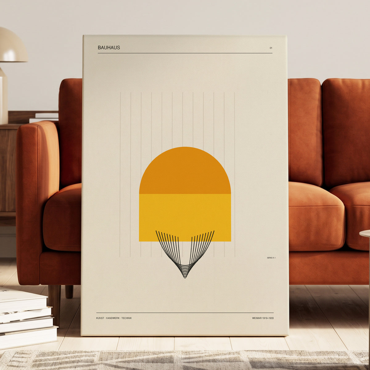 Amber Bauhaus Arc, beige, orange, yellow minimalist wall art on canvas displayed in a styled interior, gallery view 1