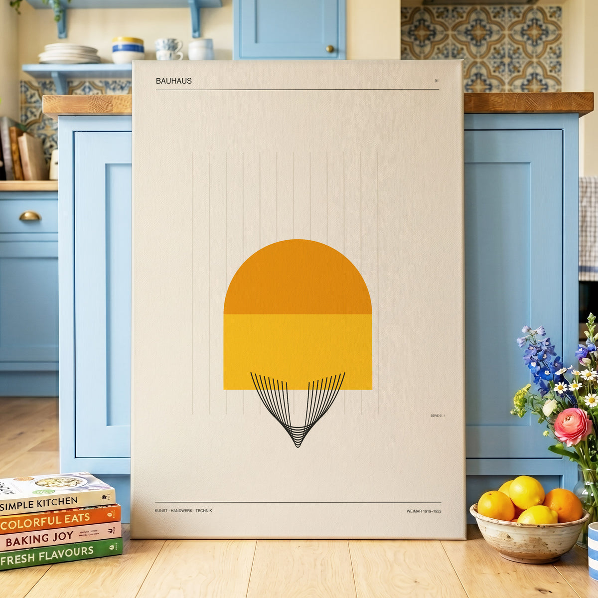 Amber Bauhaus Arc, beige, orange, yellow minimalist wall art on canvas displayed in a styled interior, gallery view 2