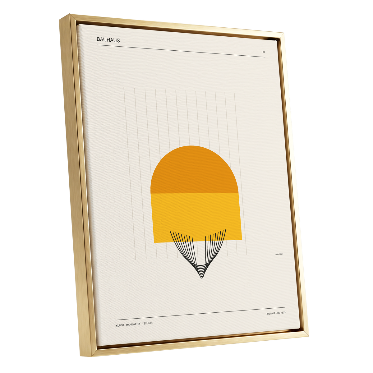 Amber Bauhaus Arc, beige, orange, yellow minimalist wall art shown as a gold framed canvas wall art
