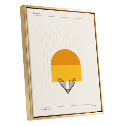 Amber Bauhaus Arc, beige, orange, yellow minimalist wall art shown as a gold framed canvas wall art