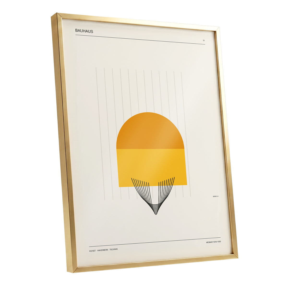Amber Bauhaus Arc, beige, orange, yellow minimalist wall art shown as a gold framed poster wall art print