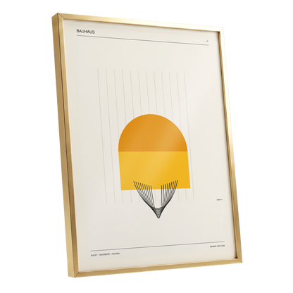 Amber Bauhaus Arc, beige, orange, yellow minimalist wall art shown as a gold framed poster wall art print