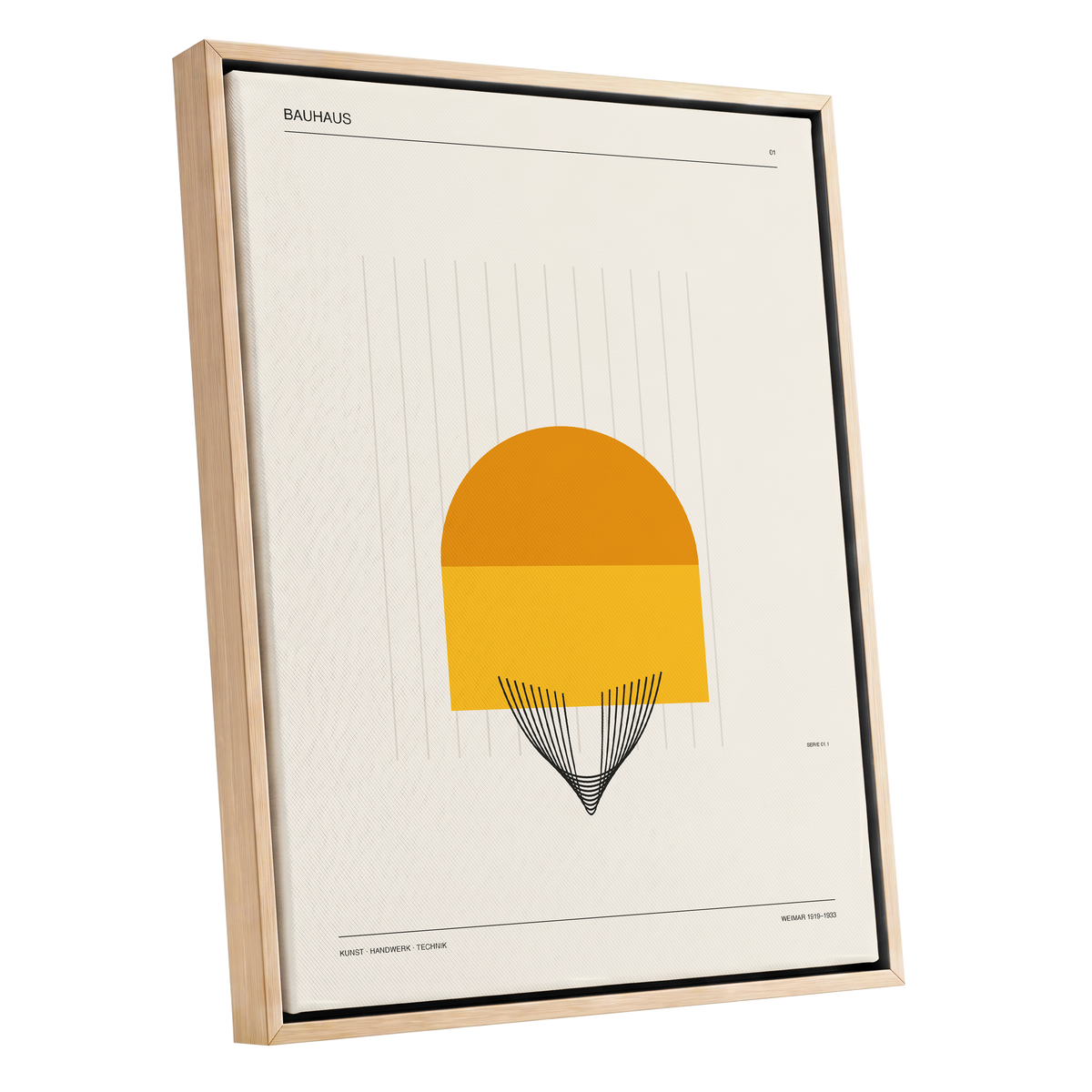 Amber Bauhaus Arc, beige, orange, yellow minimalist wall art shown as a oak framed canvas wall art