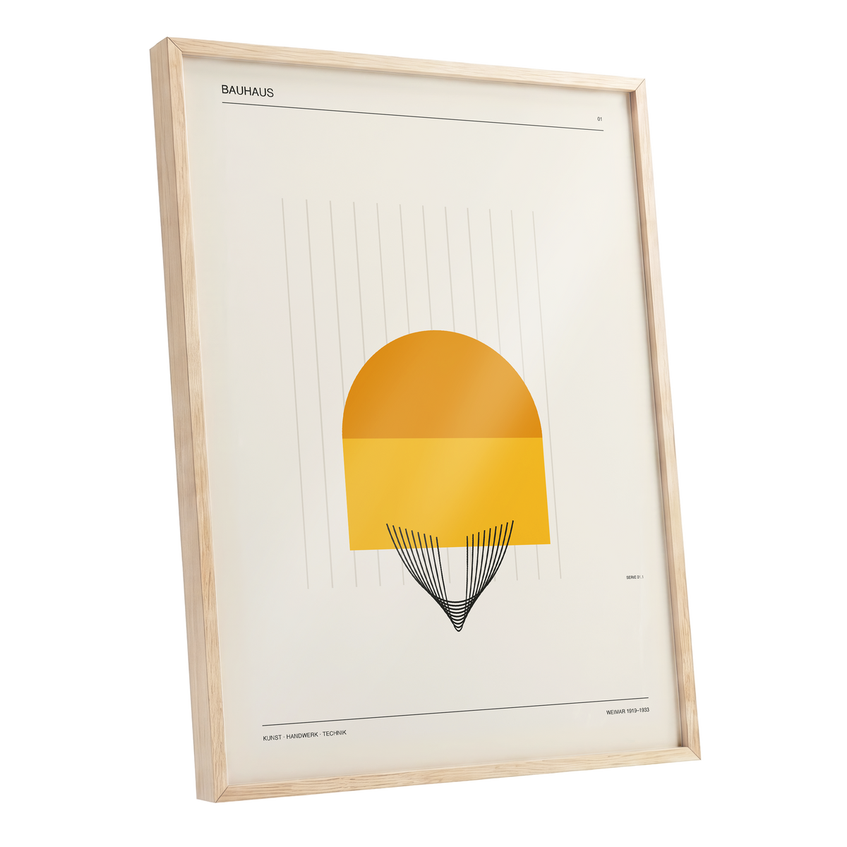 Amber Bauhaus Arc, beige, orange, yellow minimalist wall art shown as a oak framed poster wall art print
