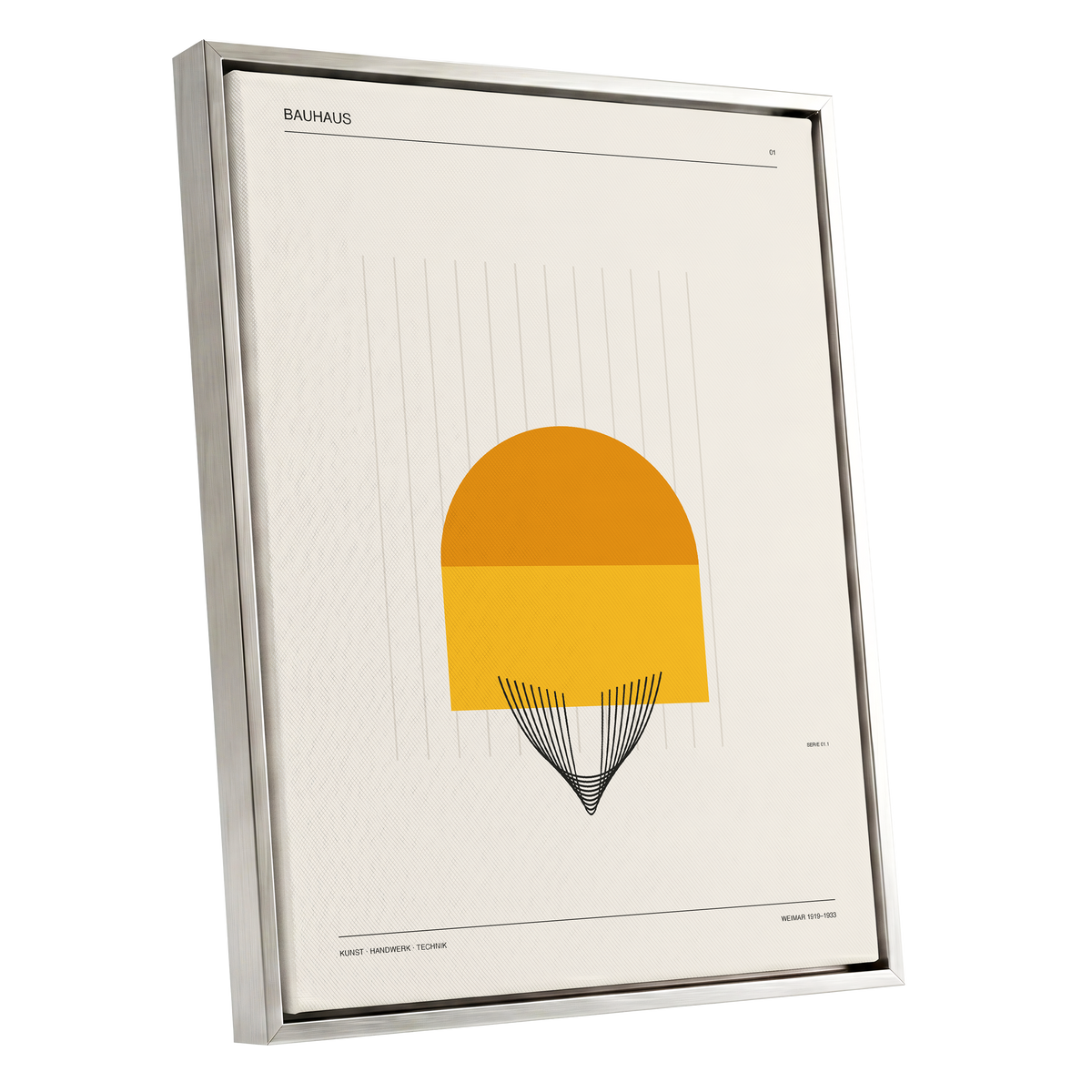 Amber Bauhaus Arc, beige, orange, yellow minimalist wall art shown as a silver framed canvas wall art