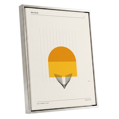 Amber Bauhaus Arc, beige, orange, yellow minimalist wall art shown as a silver framed canvas wall art