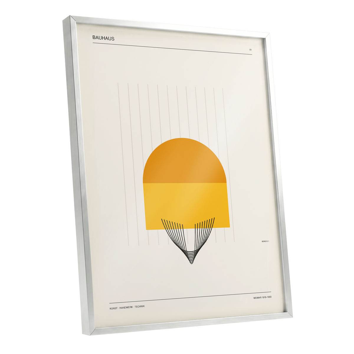 Amber Bauhaus Arc, beige, orange, yellow minimalist wall art shown as a silver framed poster wall art print
