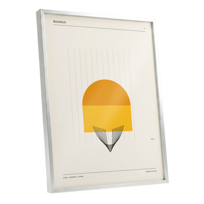 Amber Bauhaus Arc, beige, orange, yellow minimalist wall art shown as a silver framed poster wall art print