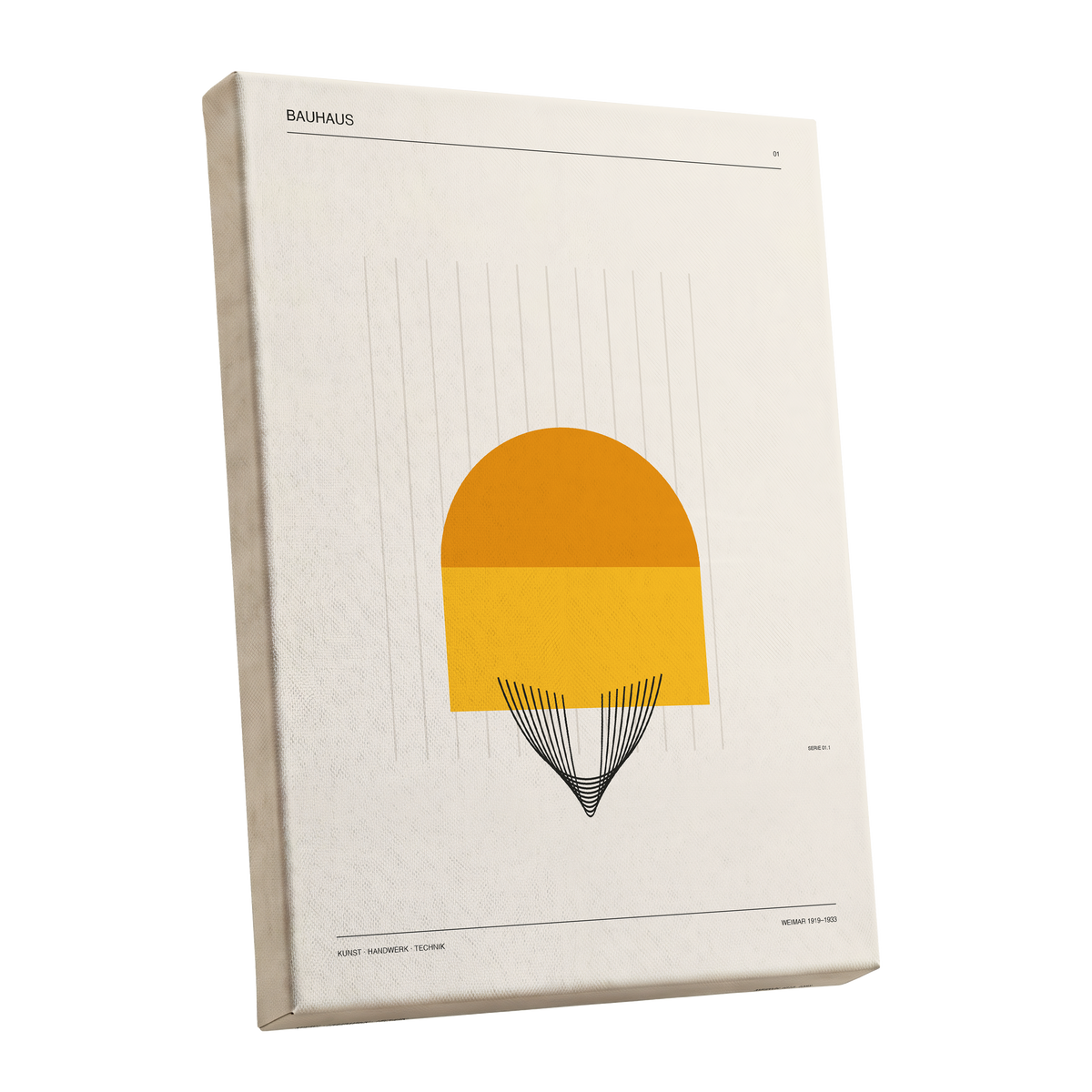 Amber Bauhaus Arc, beige, orange, yellow minimalist wall art shown as a stretched canvas wall art
