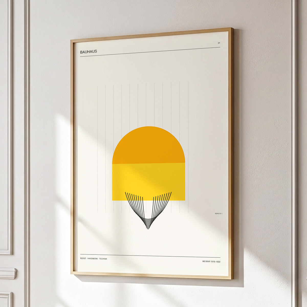 Amber Bauhaus Arc, beige, orange, yellow minimalist wall art displayed in a styled interior, gallery view 2