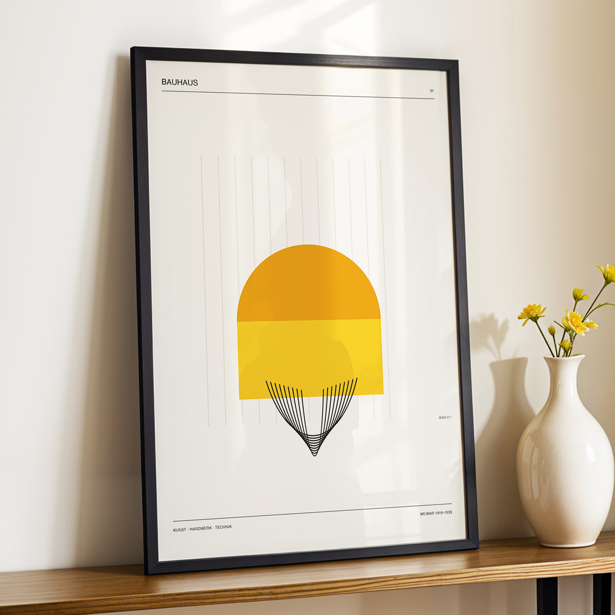 Amber Bauhaus Arc, beige, orange, yellow minimalist wall art displayed in a styled interior, gallery view 4