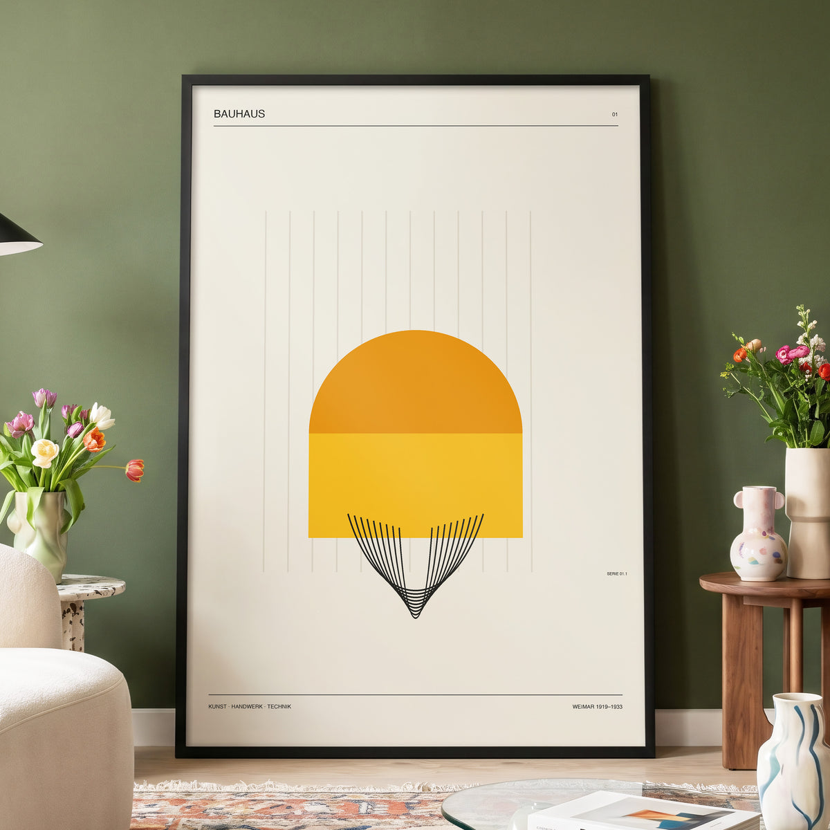 Amber Bauhaus Arc, beige, orange, yellow minimalist wall art displayed in a styled interior, gallery view 5