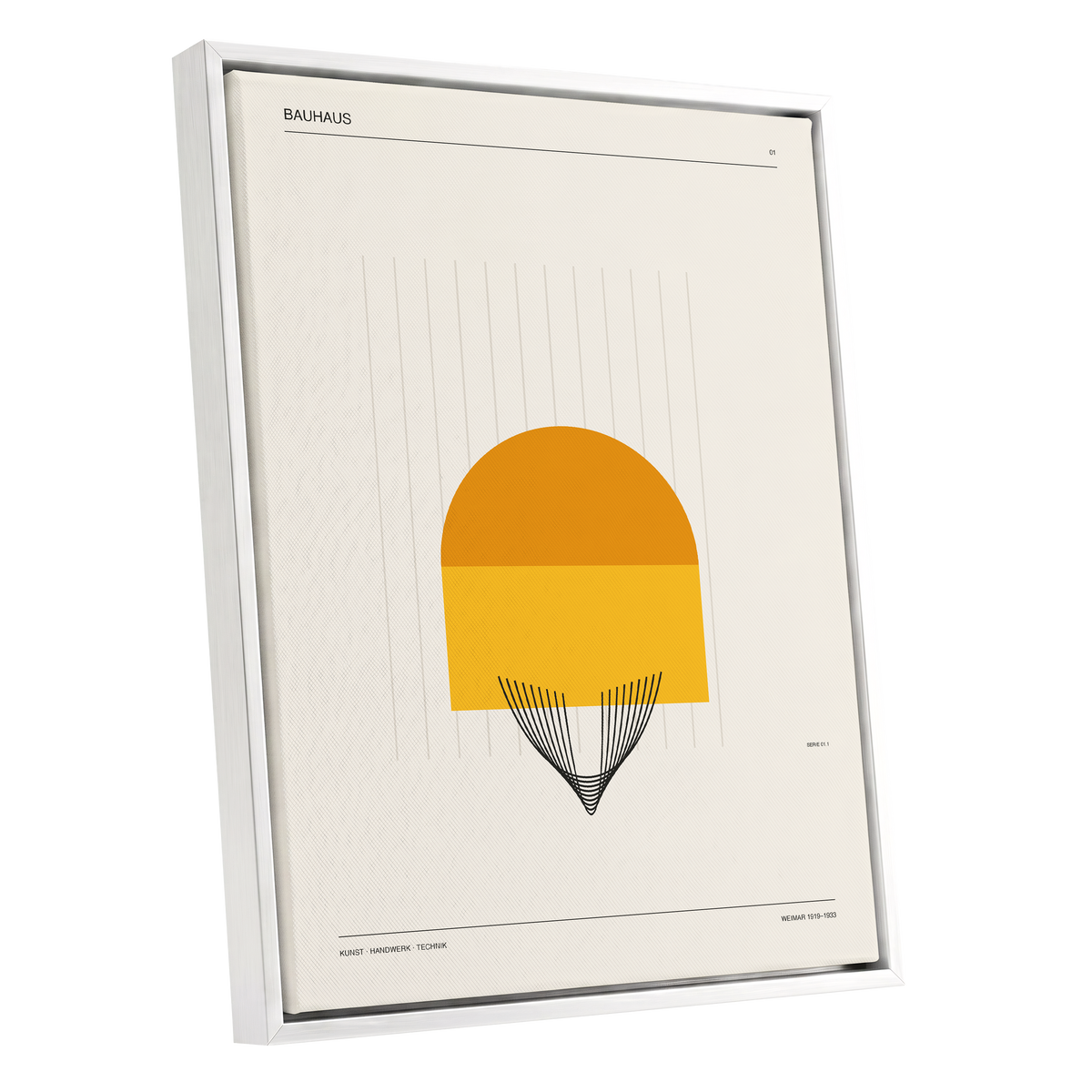 Amber Bauhaus Arc, beige, orange, yellow minimalist wall art shown as a white framed canvas wall art