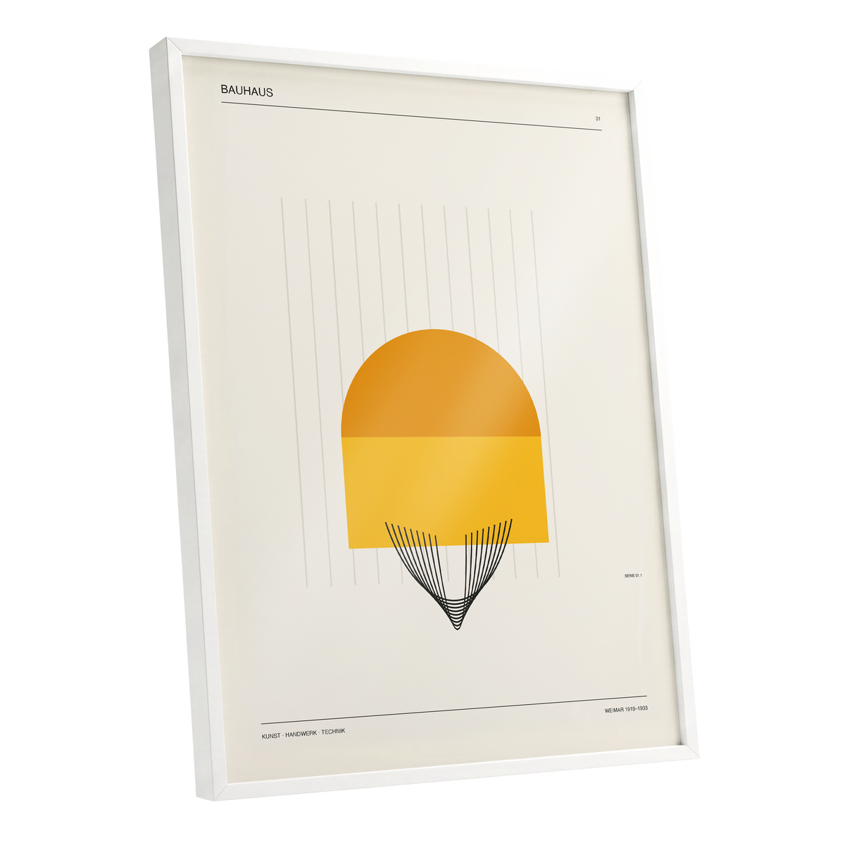 Amber Bauhaus Arc, beige, orange, yellow minimalist wall art shown as a white framed poster wall art print