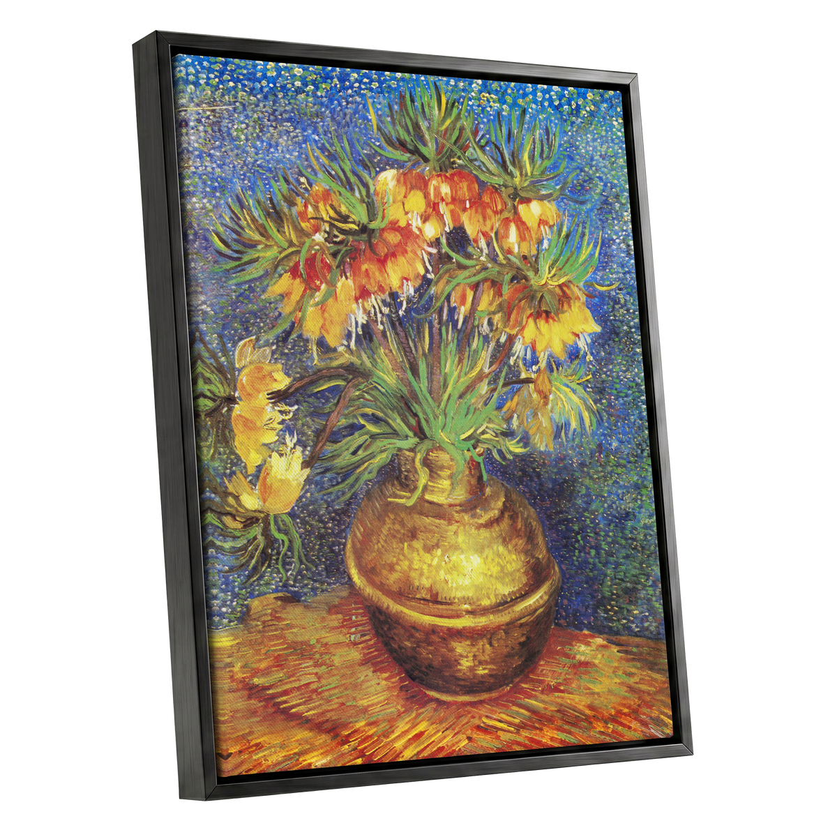 Amber Bells in Blue, blue, green, yellow floral wall art shown as a black framed canvas wall art