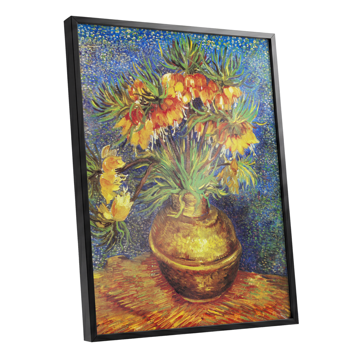 Amber Bells in Blue, blue, green, yellow floral wall art shown as a black framed poster wall art print