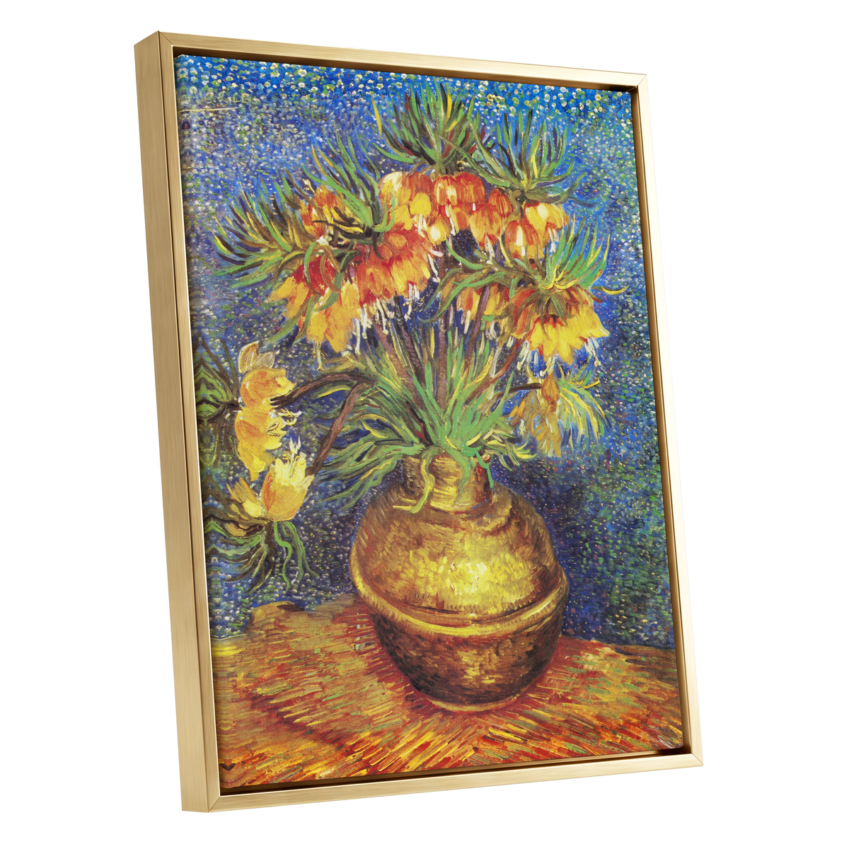 Amber Bells in Blue, blue, green, yellow floral wall art shown as a gold framed canvas wall art
