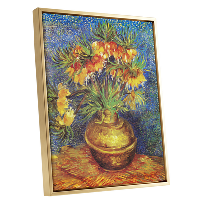 Amber Bells in Blue, blue, green, yellow floral wall art shown as a gold framed canvas wall art