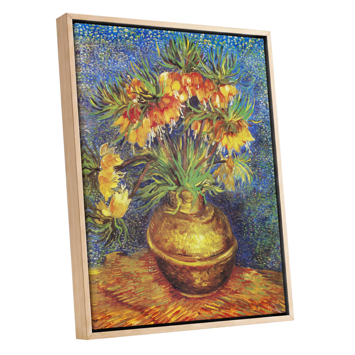 Amber Bells in Blue, blue, green, yellow floral wall art shown as a oak framed canvas wall art
