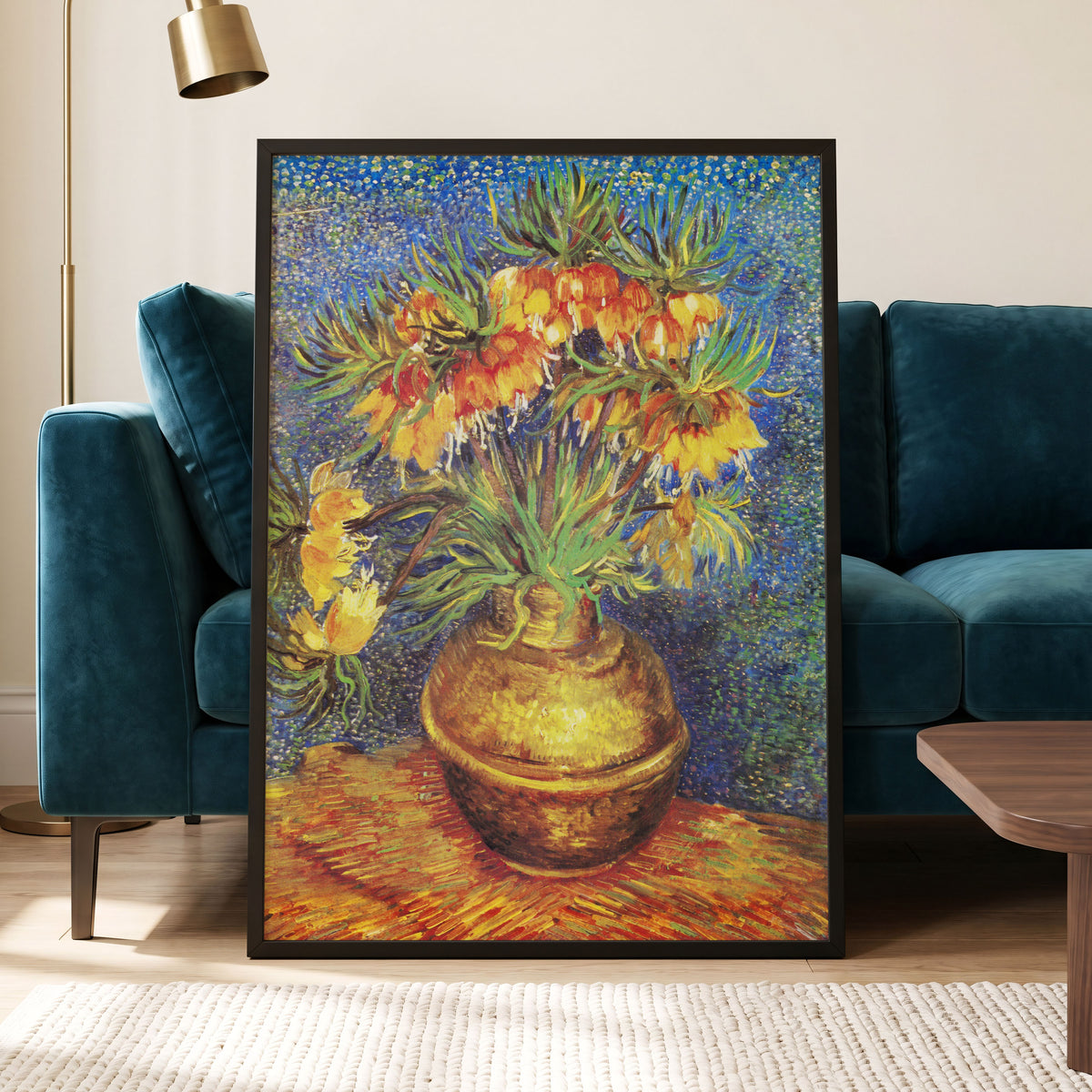 Amber Bells in Blue, blue, green, yellow floral wall art displayed in a styled interior, gallery view 2