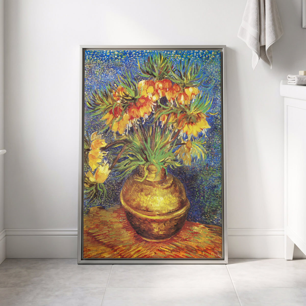 Amber Bells in Blue, blue, green, yellow floral wall art displayed in a styled interior, gallery view 4