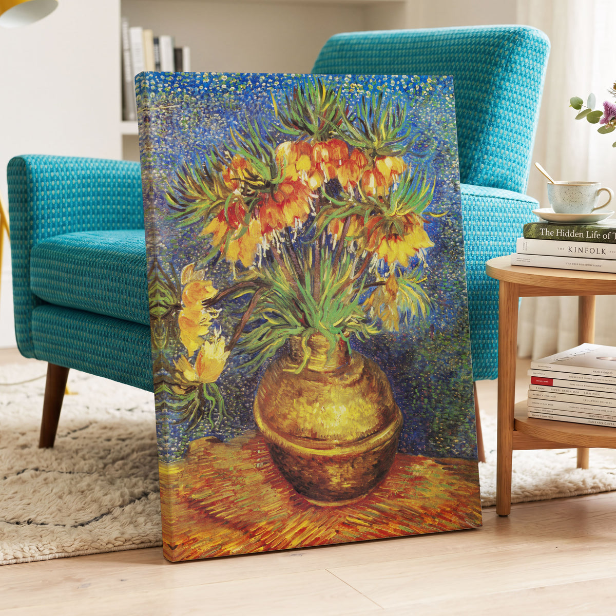 Amber Bells in Blue, blue, green, yellow floral wall art displayed in a styled interior, gallery view 7