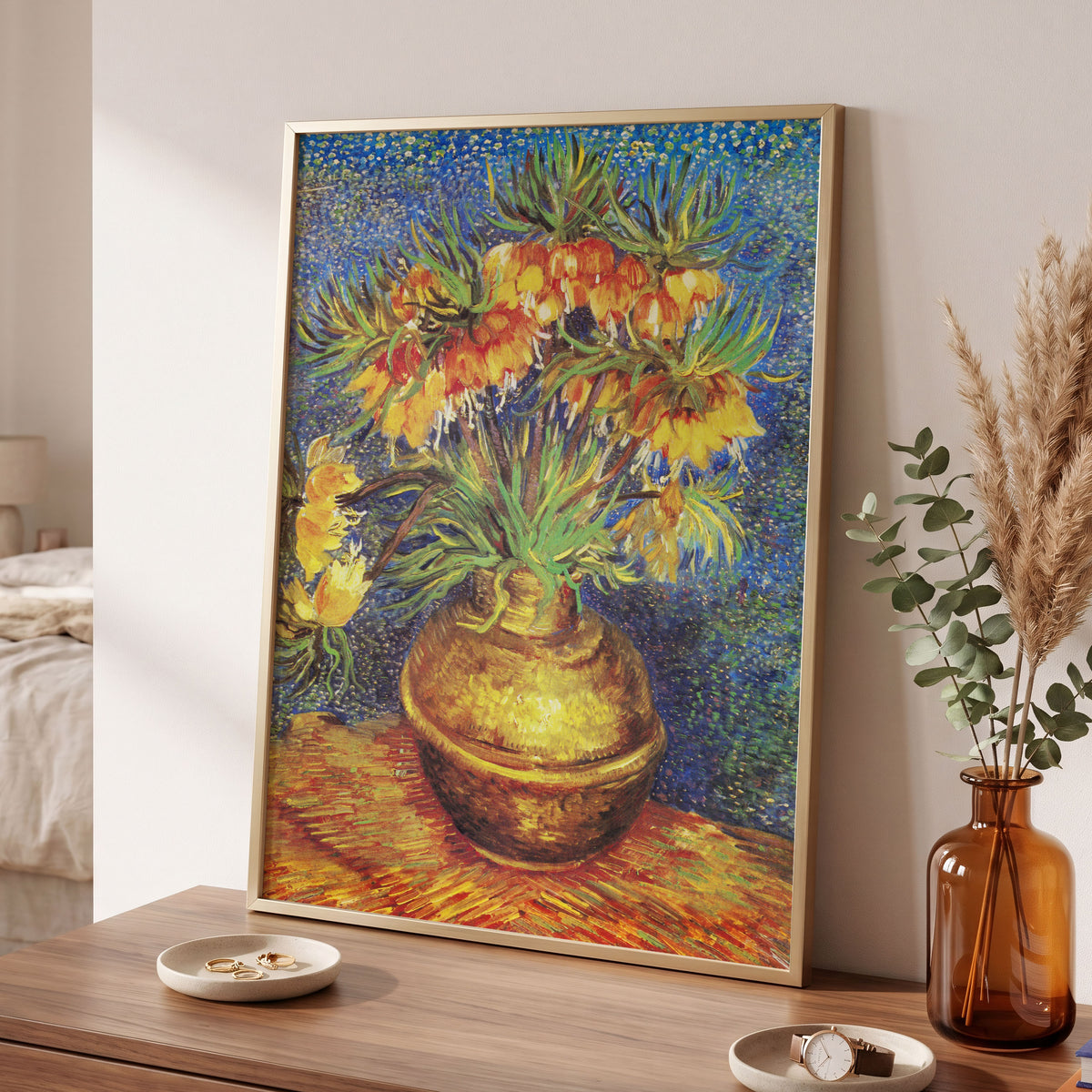 Amber Bells in Blue, blue, green, yellow floral wall art displayed in a styled interior, gallery view 9