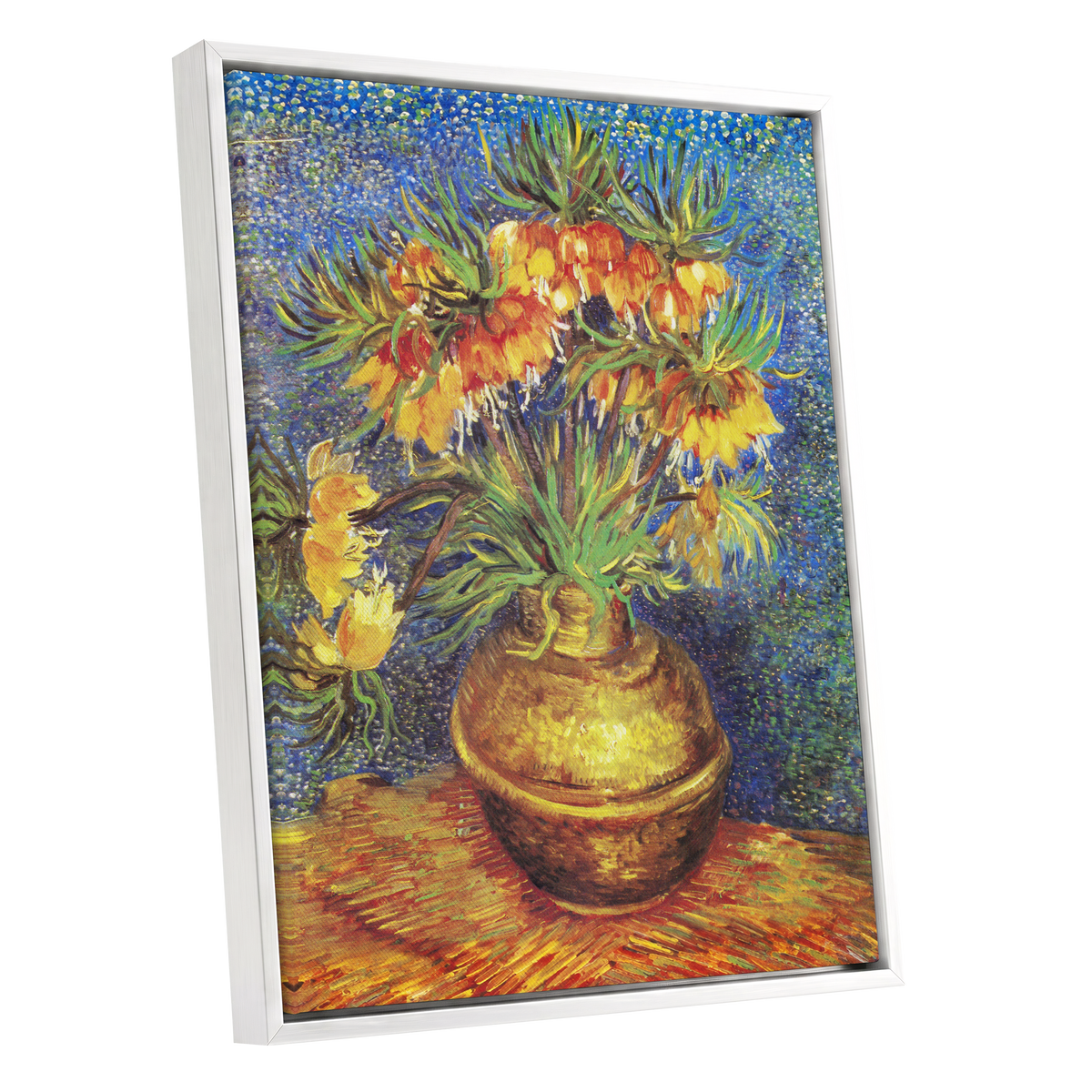 Amber Bells in Blue, blue, green, yellow floral wall art shown as a white framed canvas wall art
