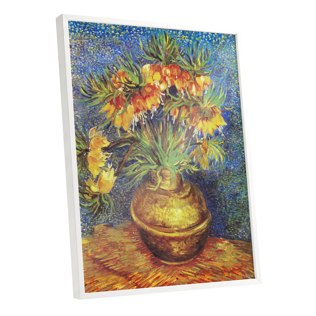 Amber Bells in Blue, blue, green, yellow floral wall art shown as a white framed poster wall art print