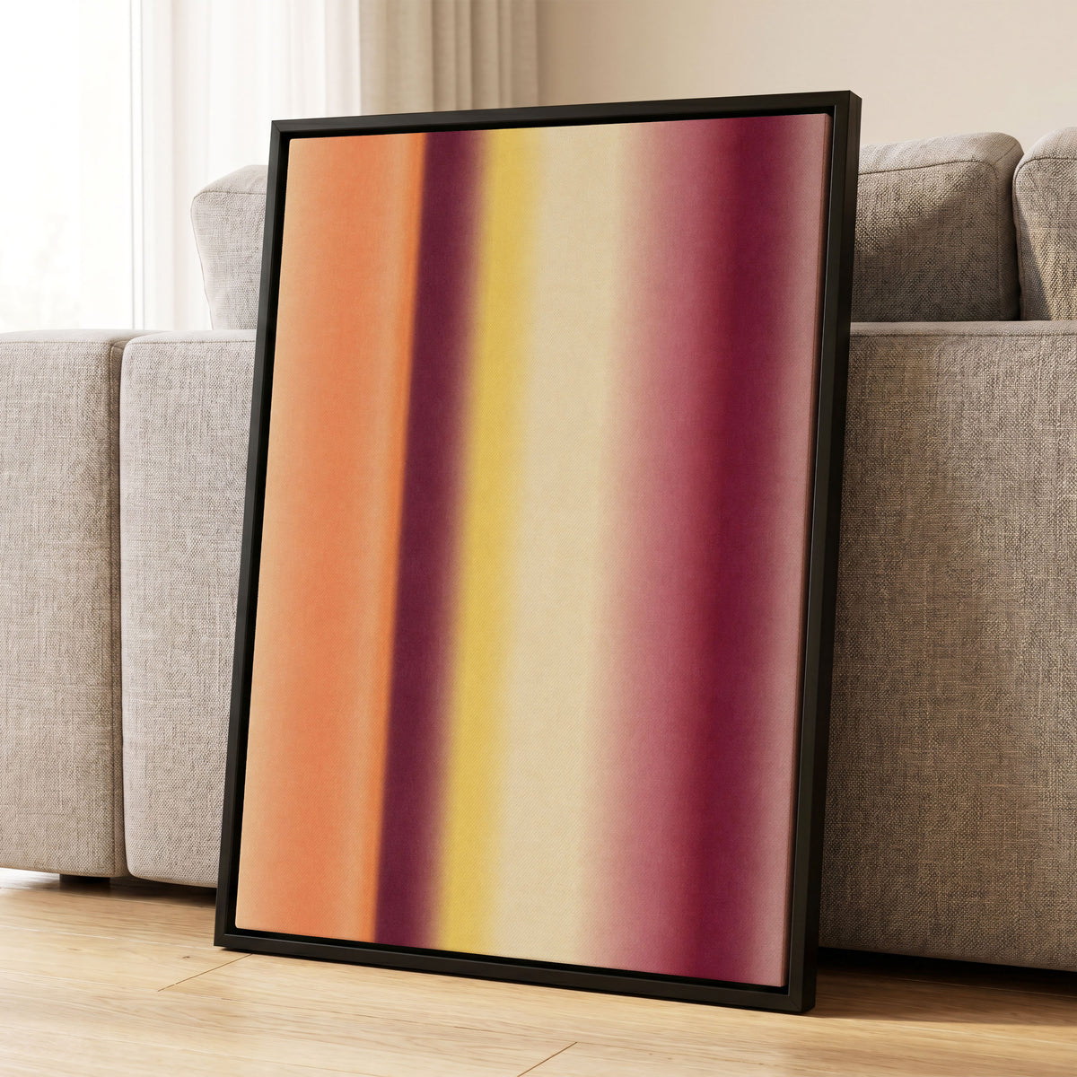 Amber Blush, orange, yellow, beige abstract wall art displayed in a styled interior, gallery view 4