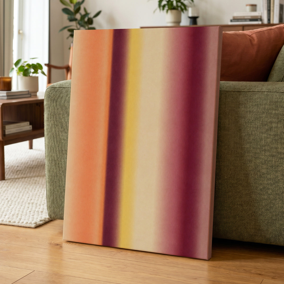 Amber Blush, orange, yellow, beige abstract wall art displayed in a styled interior, gallery view 7