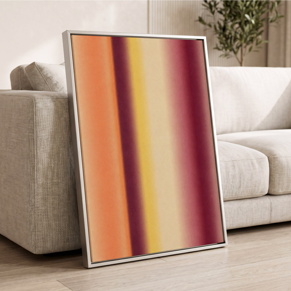 Amber Blush, orange, yellow, beige abstract wall art displayed in a styled interior, gallery view 8