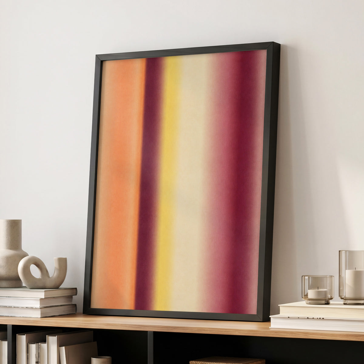 Amber Blush, orange, yellow, beige abstract wall art displayed in a styled interior, gallery view 9