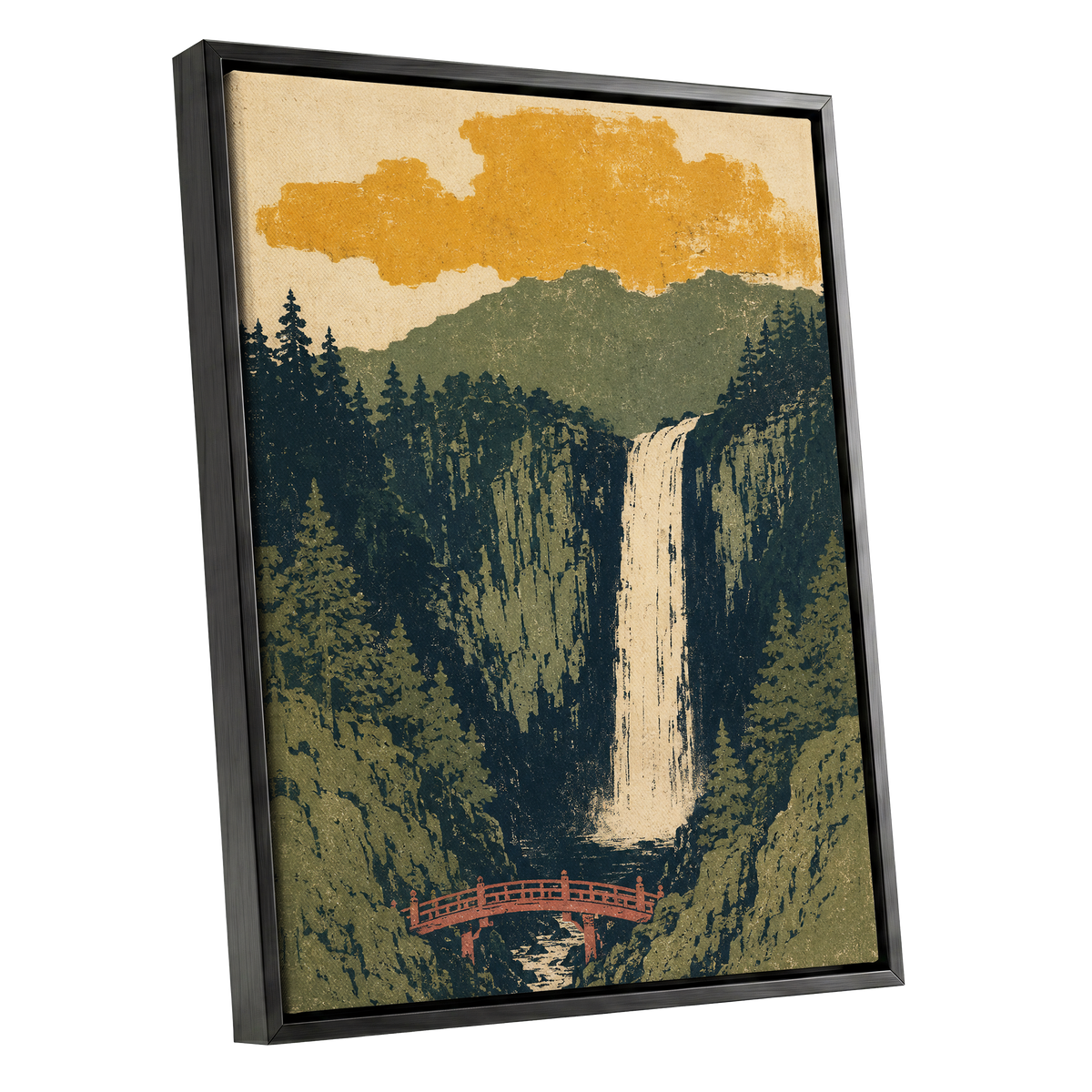 Amber Falls, green, beige, black nature wall art shown as a black framed canvas wall art