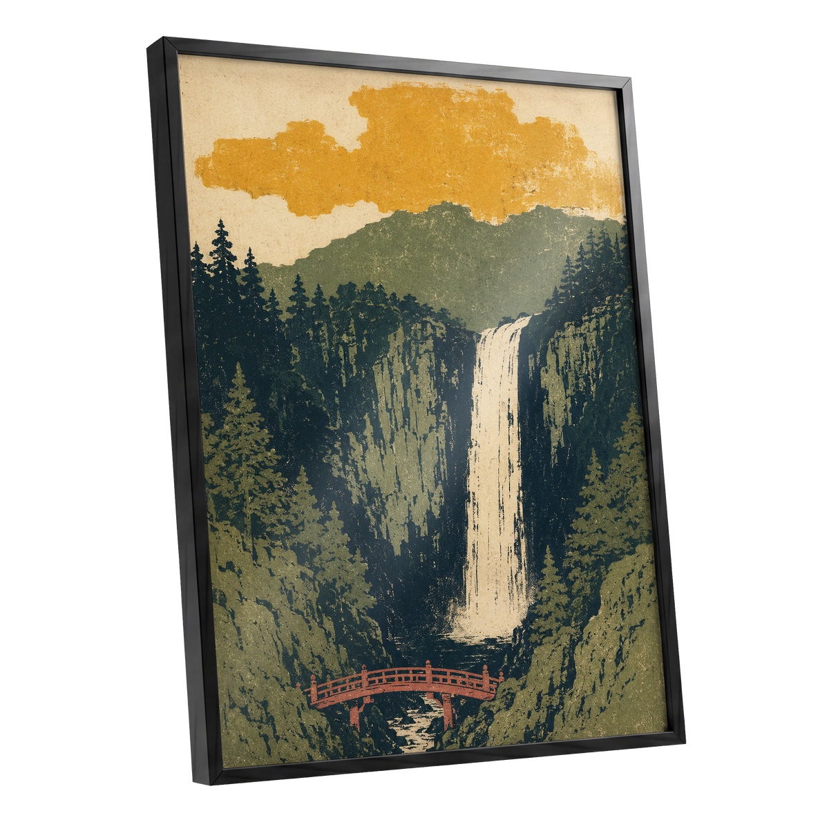 Amber Falls, green, beige, black nature wall art shown as a black framed poster wall art print