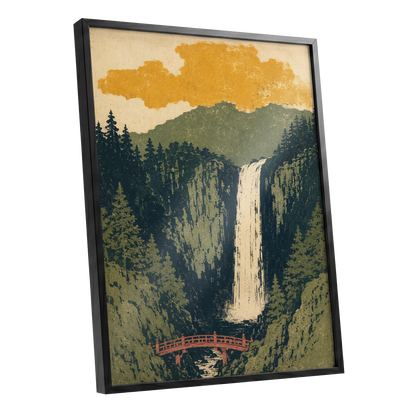 Amber Falls, green, beige, black nature wall art shown as a black framed poster wall art print