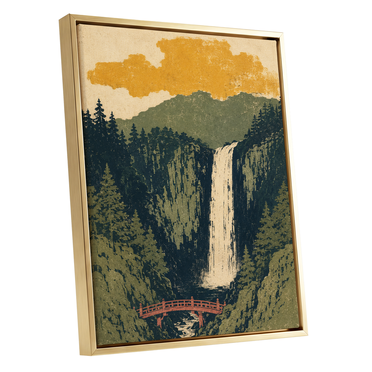 Amber Falls, green, beige, black nature wall art shown as a gold framed canvas wall art