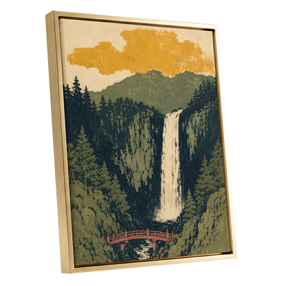 Amber Falls, green, beige, black nature wall art shown as a gold framed canvas wall art