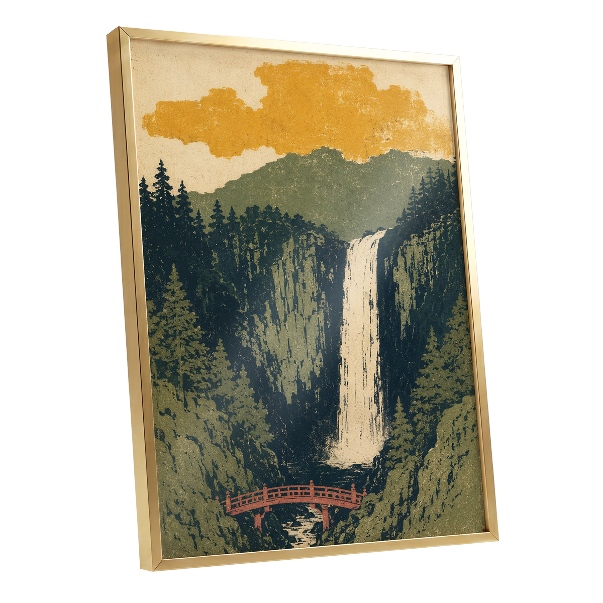 Amber Falls, green, beige, black nature wall art shown as a gold framed poster wall art print
