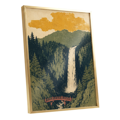 Amber Falls, green, beige, black nature wall art shown as a gold framed poster wall art print