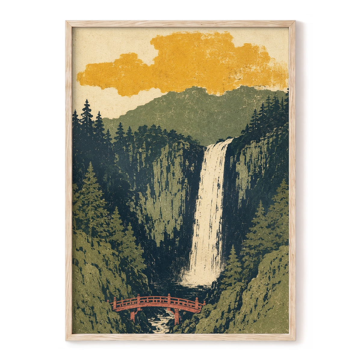 Amber Falls, green, beige, black nature wall art, front artwork view